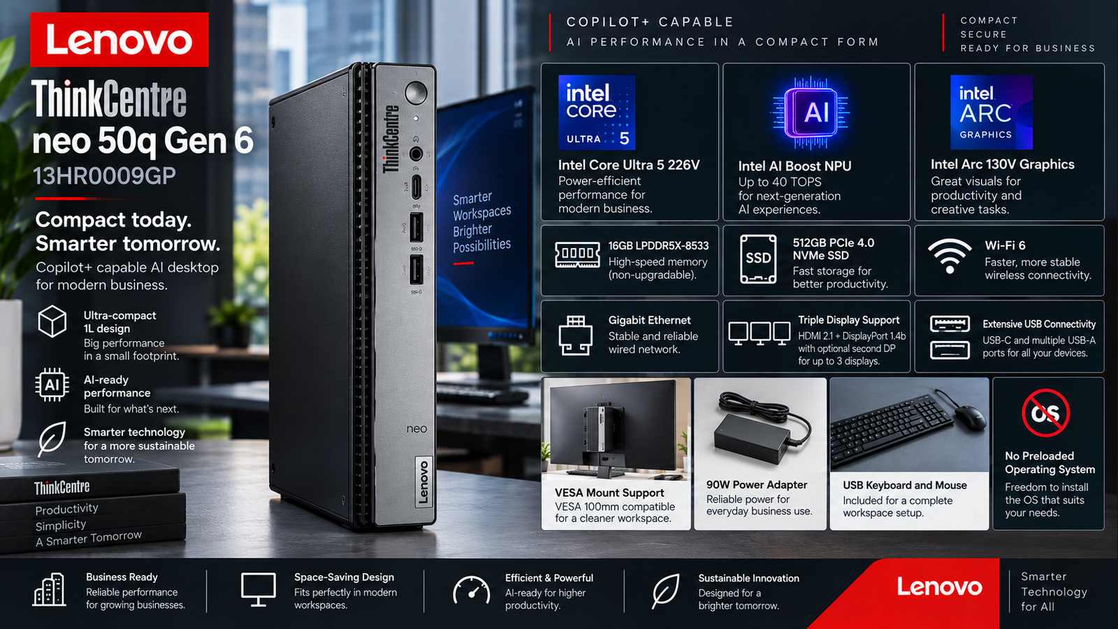 Lenovo ThinkCentre Neo 50q Gen 6 Tiny 13HR0009GP Copilot+ AI Desktop, Intel Core Ultra 5 226V, 16GB LPDDR5X-8533, 512GB PCIe 4.0 NVMe SSD, Intel Arc 130V, Wi-Fi 6, VESA Mount, 90W Adapter, No OS with Warranty | 13HR0009GP